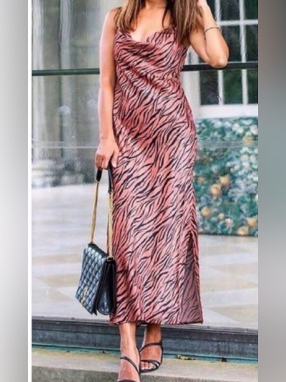 Anthropologie Pink Zebra-Print Cowl Slip Maxi Dress